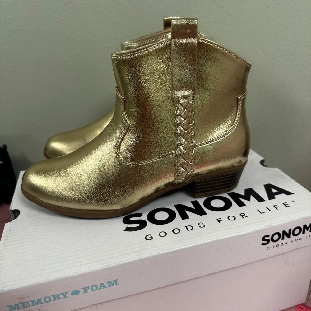 Sonoma Goods For Life Kids Gold Metallic Western Ankle Boots Memory Foam Size 4